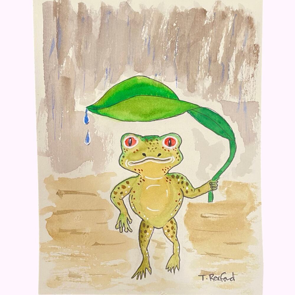 Hand painted watercolor original painting frog leaf umbrella rain